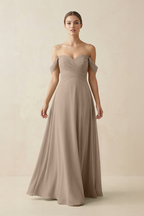 Almond A-Line Off-the-Shoulder Chiffon Bridesmaid Dress | KISSBRIDAL