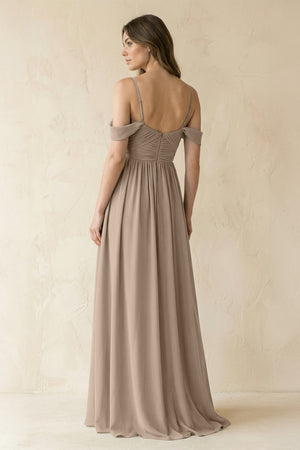 Almond A-Line Off-the-Shoulder Pleated Chiffon Bridesmaid Dress (2) | KISSBRIDAL