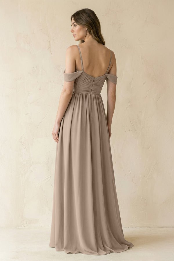 Almond A-Line Off-the-Shoulder Pleated Chiffon Bridesmaid Dress (2) | KISSBRIDAL