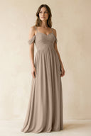 Almond A-Line Off-the-Shoulder Pleated Chiffon Bridesmaid Dress | KISSBRIDAL