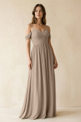 Almond A-Line Off-the-Shoulder Pleated Chiffon Bridesmaid Dress | KISSBRIDAL