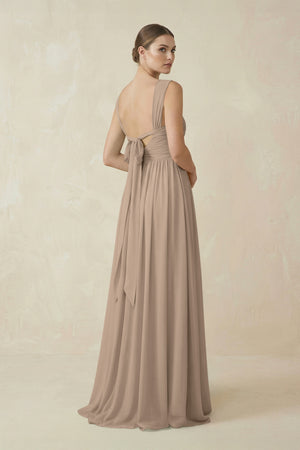 Almond A-Line Pleated Chiffon Long Bridesmaid Dress (2) | KISSBRIDAL