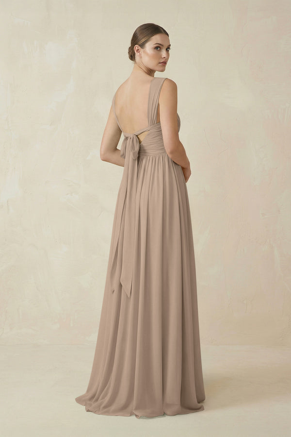 Almond A-Line Pleated Chiffon Long Bridesmaid Dress (2) | KISSBRIDAL