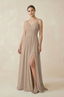 Almond A-Line Pleated Chiffon Long Bridesmaid Dress | KISSBRIDAL