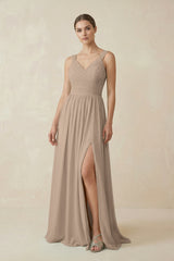 Almond A-Line Pleated Chiffon Long Bridesmaid Dress | KISSBRIDAL