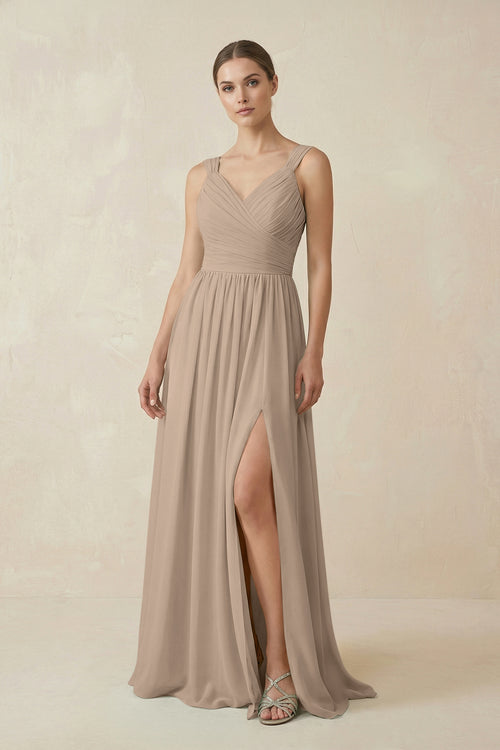 Almond A-Line Pleated Chiffon Long Bridesmaid Dress | KISSBRIDAL