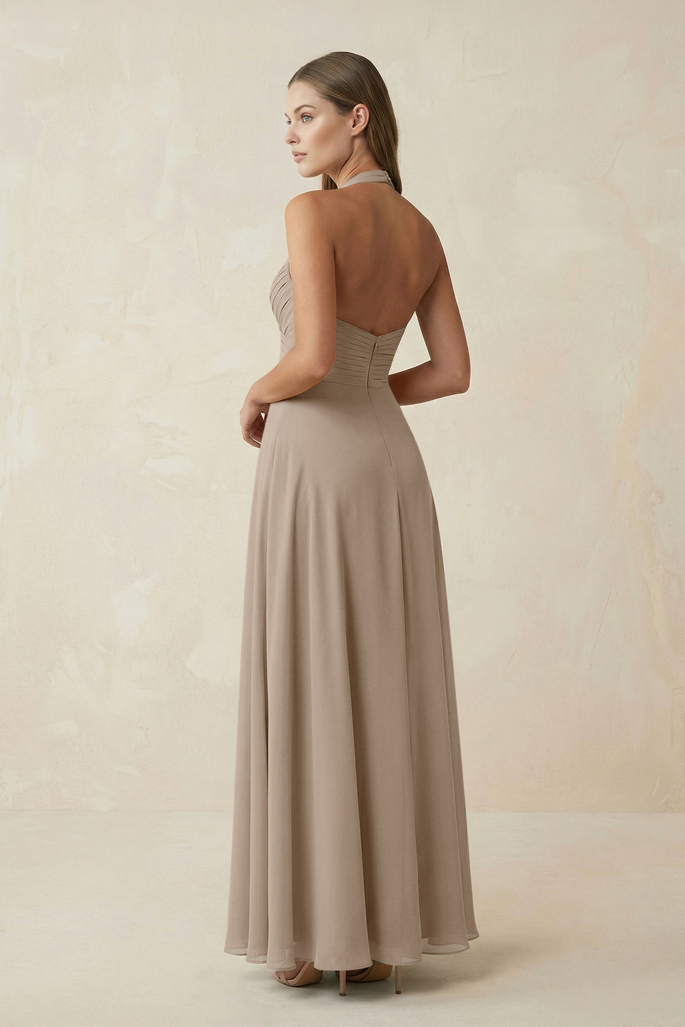 A-Line Pleated Chiffon V-Neck Bridesmaid Dress in Almond
