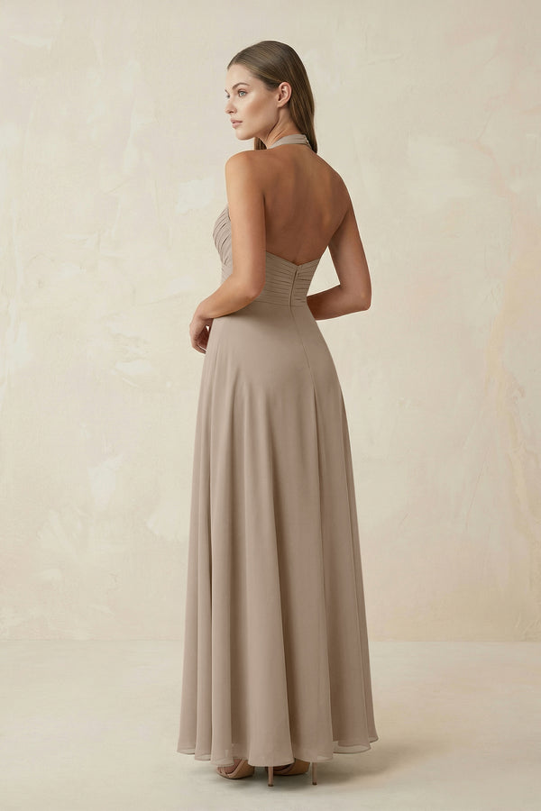 Almond A-Line Pleated Chiffon V-Neck Bridesmaid Dress (2) | KISSBRIDAL