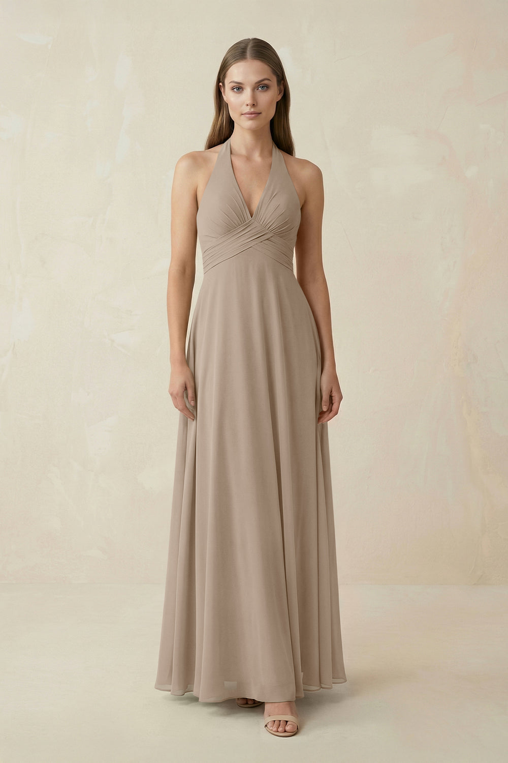 A-Line Pleated Chiffon V-Neck Bridesmaid Dress in Almond