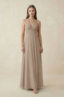 Almond A-Line Pleated Chiffon V-Neck Bridesmaid Dress | KISSBRIDAL