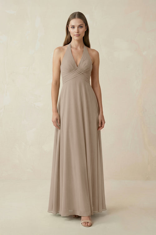 Almond A-Line Pleated Chiffon V-Neck Bridesmaid Dress | KISSBRIDAL