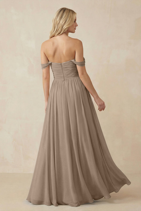 Almond A-Line Pleated Long Chiffon Bridesmaid Dress (2) | KISSBRIDAL