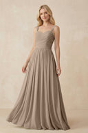 Almond A-Line Pleated Long Chiffon Bridesmaid Dress | KISSBRIDAL