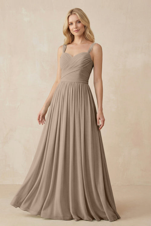 Almond A-Line Pleated Long Chiffon Bridesmaid Dress | KISSBRIDAL