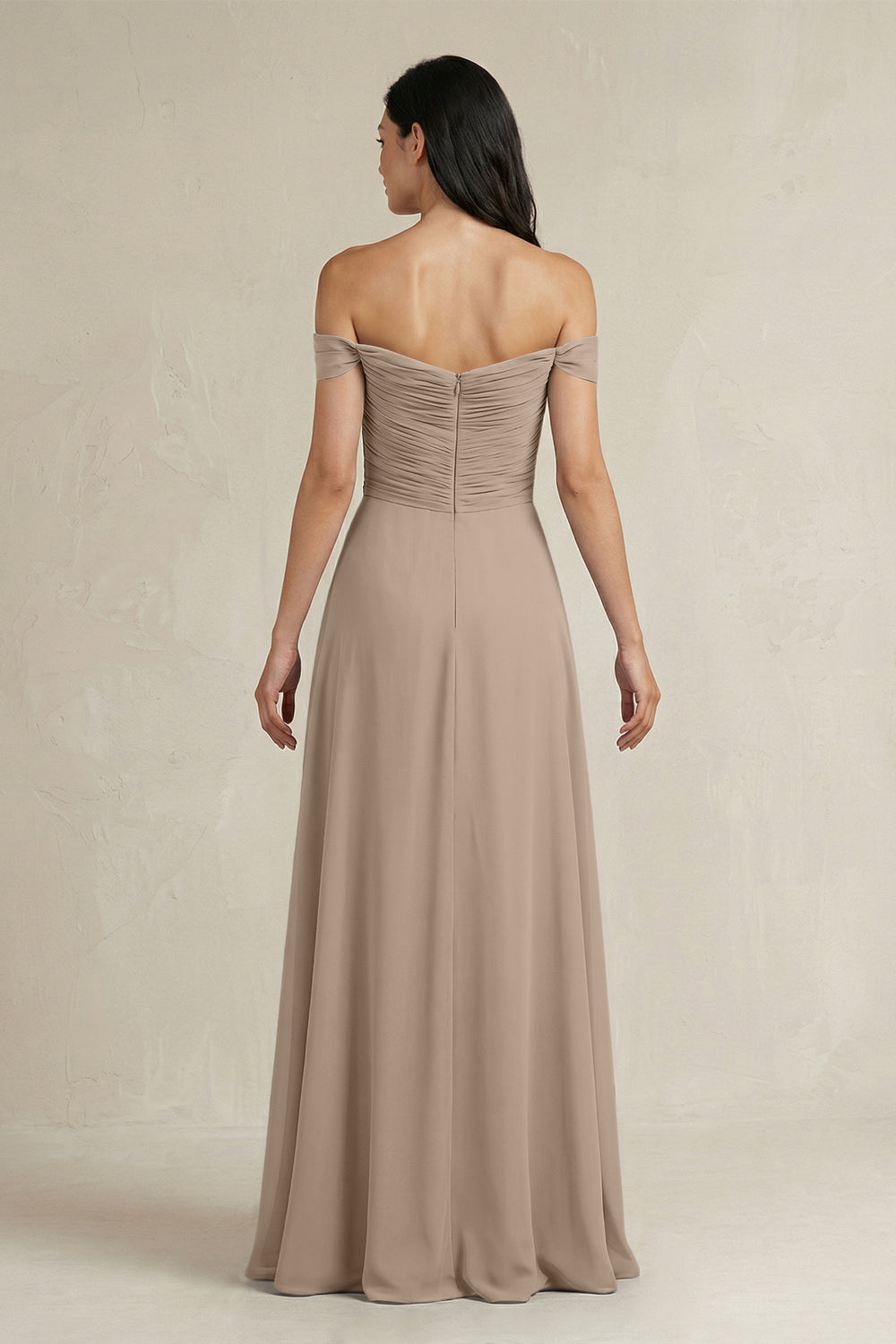 A-Line Pleated Off-the-Shoulder Chiffon Bridesmaid Dress in Almond