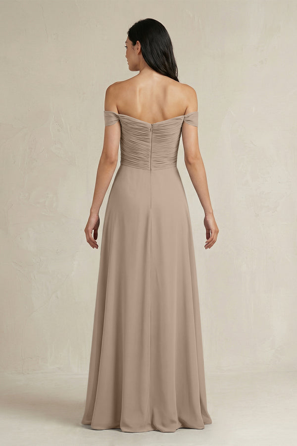 Almond A-Line Pleated Off-the-Shoulder Chiffon Bridesmaid Dress (2) | KISSBRIDAL