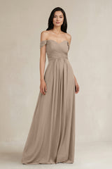 Almond A-Line Pleated Off-the-Shoulder Chiffon Bridesmaid Dress | KISSBRIDAL