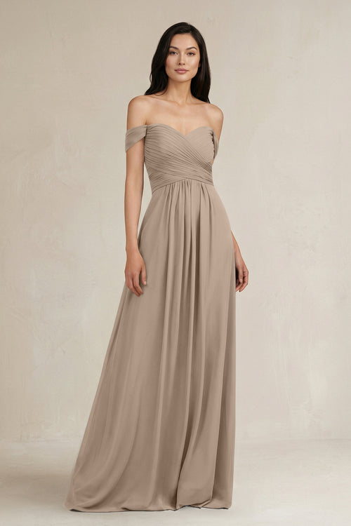 Almond A-Line Pleated Off-the-Shoulder Chiffon Bridesmaid Dress | KISSBRIDAL