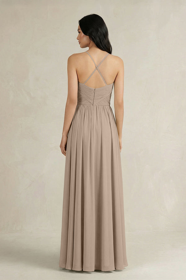 Almond A-Line Pleated Spaghetti Strap Chiffon Bridesmaid Dress (2) | KISSBRIDAL