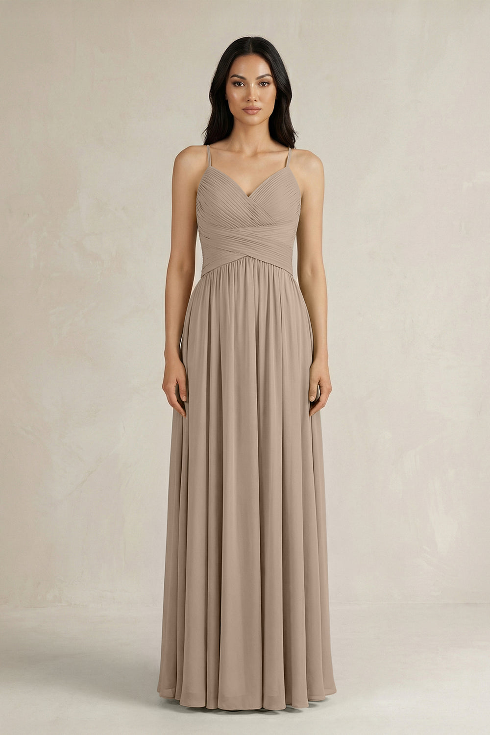 A-Line Pleated Spaghetti Strap Chiffon Bridesmaid Dress in Almond
