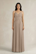 Almond A-Line Pleated Spaghetti Strap Chiffon Bridesmaid Dress | KISSBRIDAL
