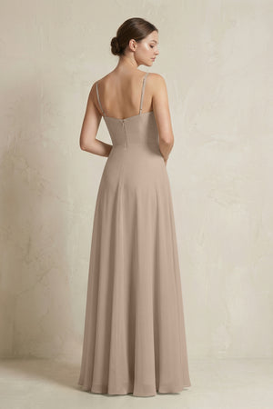 Almond A-Line Ruffled Spaghetti Strap Chiffon Bridesmaid Dress (2) | KISSBRIDAL