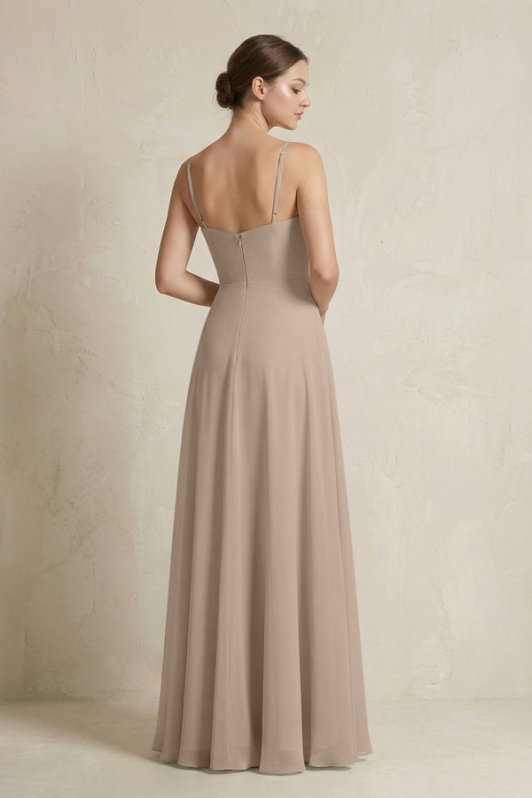 Almond A-Line Ruffled Spaghetti Strap Chiffon Bridesmaid Dress (2) | KISSBRIDAL
