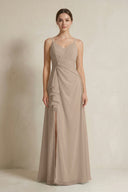 Almond A-Line Ruffled Spaghetti Strap Chiffon Bridesmaid Dress | KISSBRIDAL