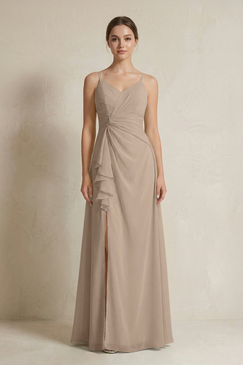 Almond A-Line Ruffled Spaghetti Strap Chiffon Bridesmaid Dress | KISSBRIDAL