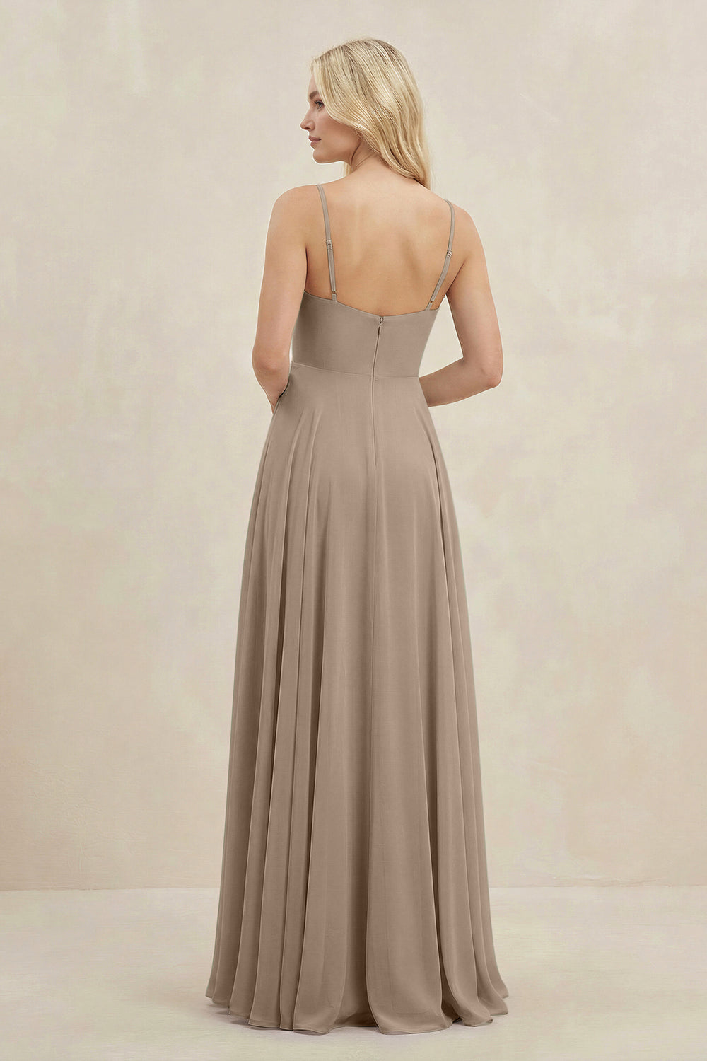 A-Line Spaghetti Strap Chiffon Bridesmaid Dress in Almond