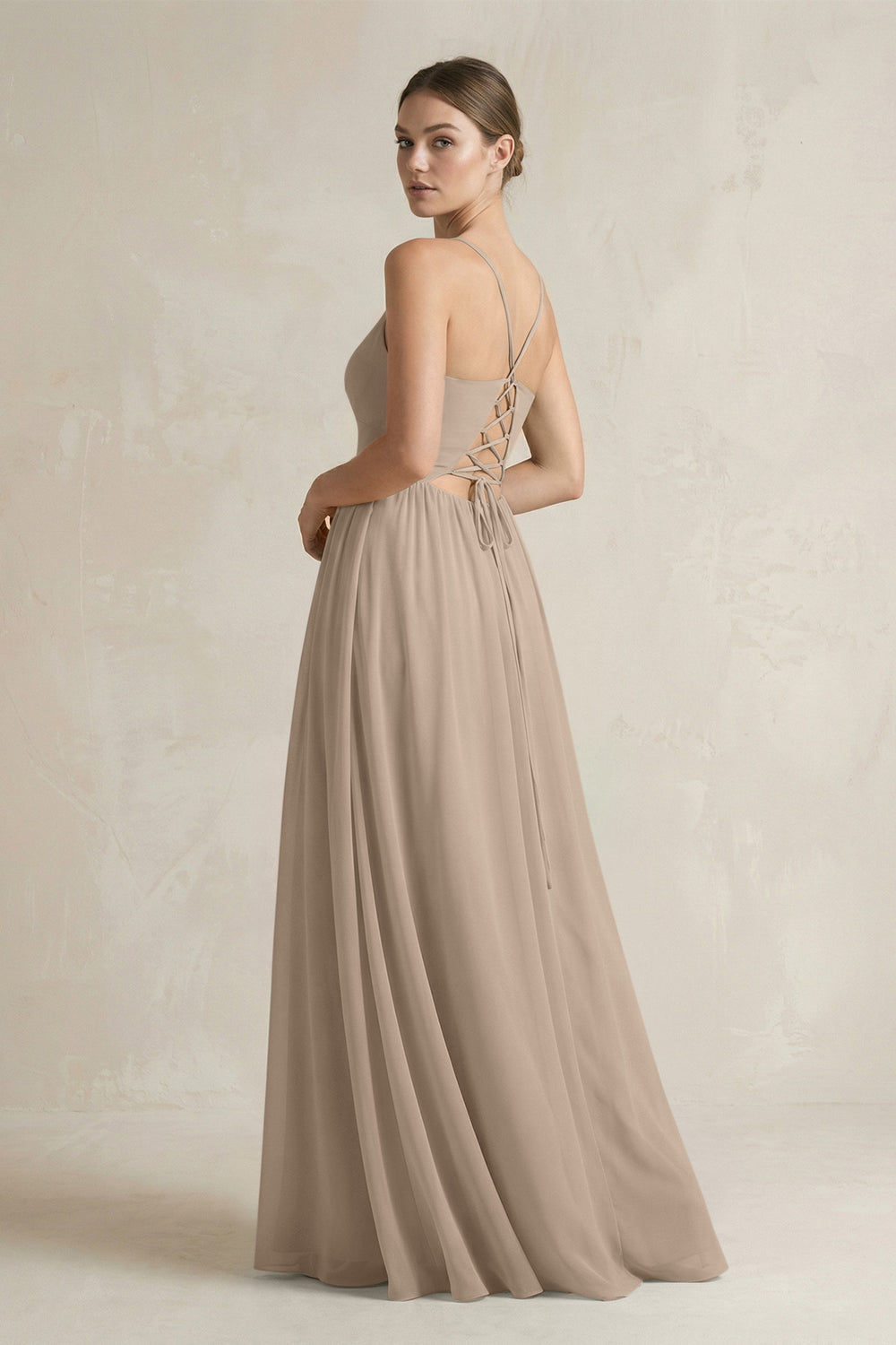 A-Line Spaghetti Strap Chiffon Bridesmaid Dress in Almond