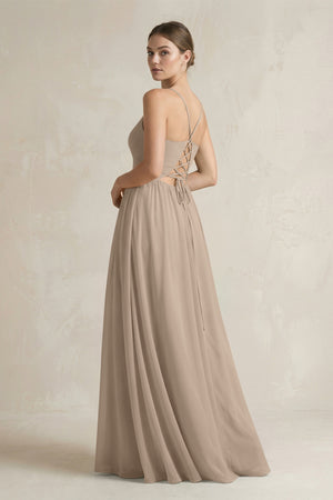 Almond A-Line Spaghetti Strap Chiffon Bridesmaid Dress (2) | KISSBRIDAL
