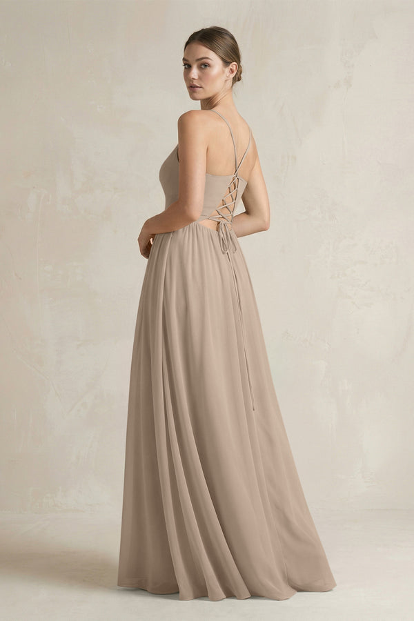 Almond A-Line Spaghetti Strap Chiffon Bridesmaid Dress (2) | KISSBRIDAL