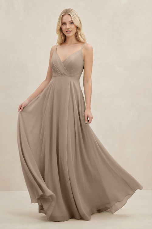 Almond A-Line Spaghetti Strap Chiffon Bridesmaid Dress | KISSBRIDAL