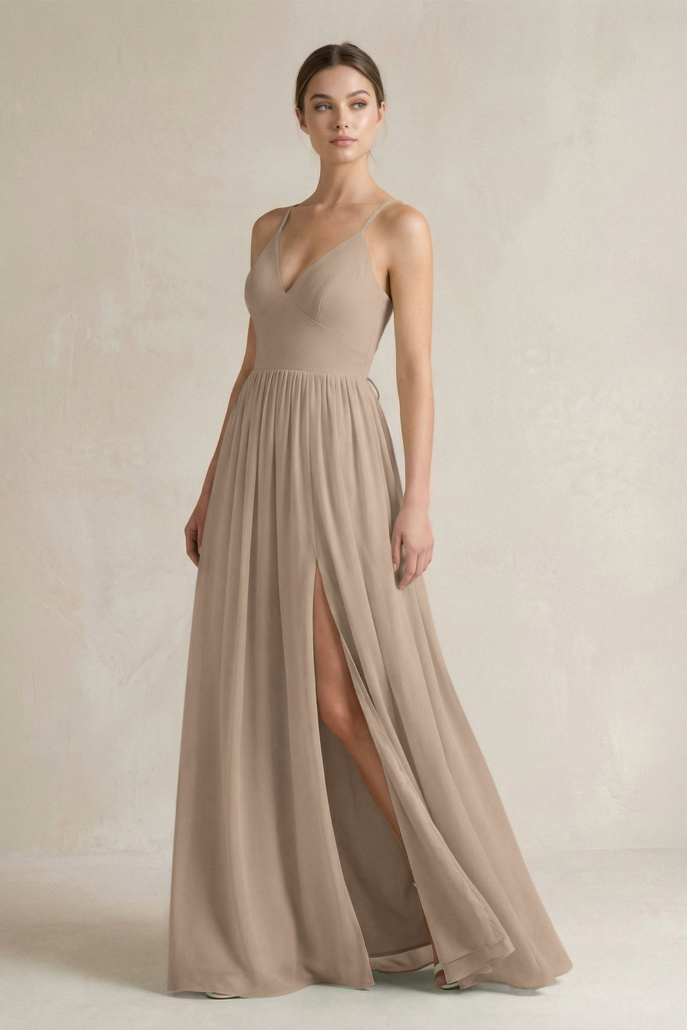 A-Line Spaghetti Strap Chiffon Bridesmaid Dress in Almond