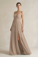 Almond A-Line Spaghetti Strap Chiffon Bridesmaid Dress | KISSBRIDAL