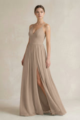 Almond A-Line Spaghetti Strap Chiffon Bridesmaid Dress | KISSBRIDAL