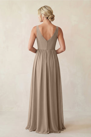 Almond A-Line V-Neck Pleated Chiffon Bridesmaid Dress (2) | KISSBRIDAL