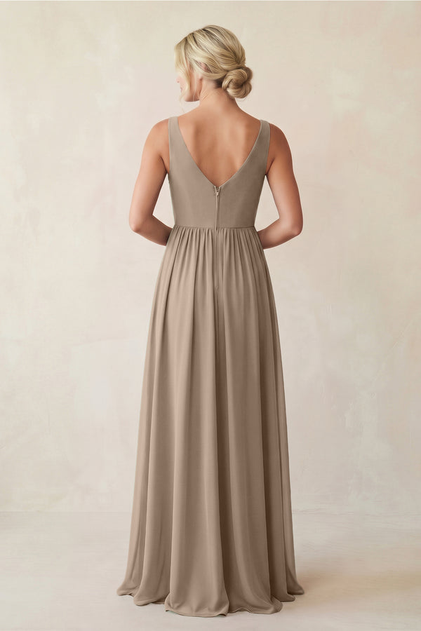 Almond A-Line V-Neck Pleated Chiffon Bridesmaid Dress (2) | KISSBRIDAL
