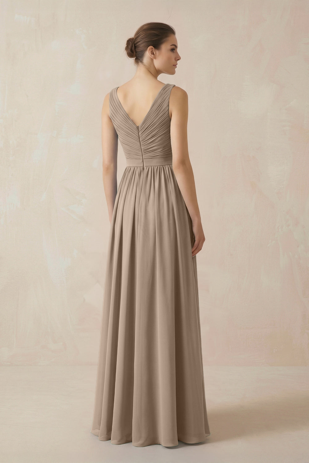 A-Line V-Neck Pleated Chiffon Bridesmaid Dress in Almond
