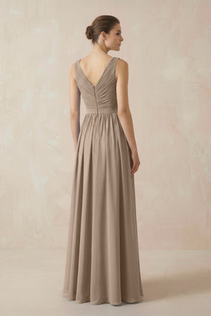 Almond A-Line V-Neck Pleated Chiffon Bridesmaid Dress (2) | KISSBRIDAL