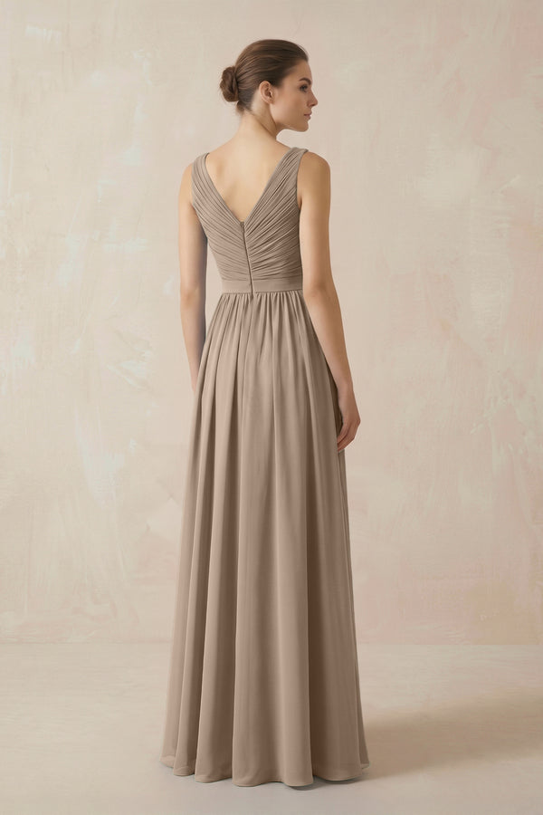 Almond A-Line V-Neck Pleated Chiffon Bridesmaid Dress (2) | KISSBRIDAL
