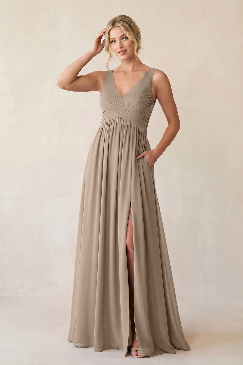 A-Line V-Neck Pleated Chiffon Bridesmaid Dress in Almond