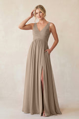 Almond A-Line V-Neck Pleated Chiffon Bridesmaid Dress | KISSBRIDAL