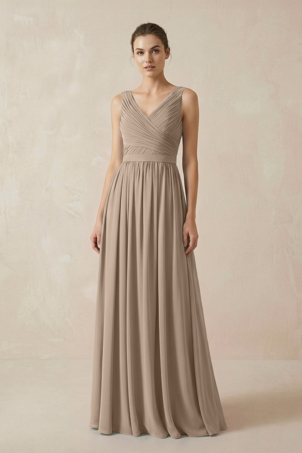 A-Line V-Neck Pleated Chiffon Bridesmaid Dress in Almond