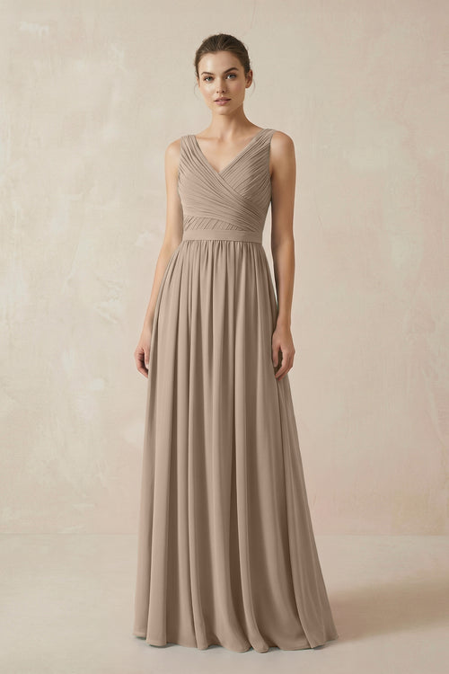 Almond A-Line V-Neck Pleated Chiffon Bridesmaid Dress | KISSBRIDAL