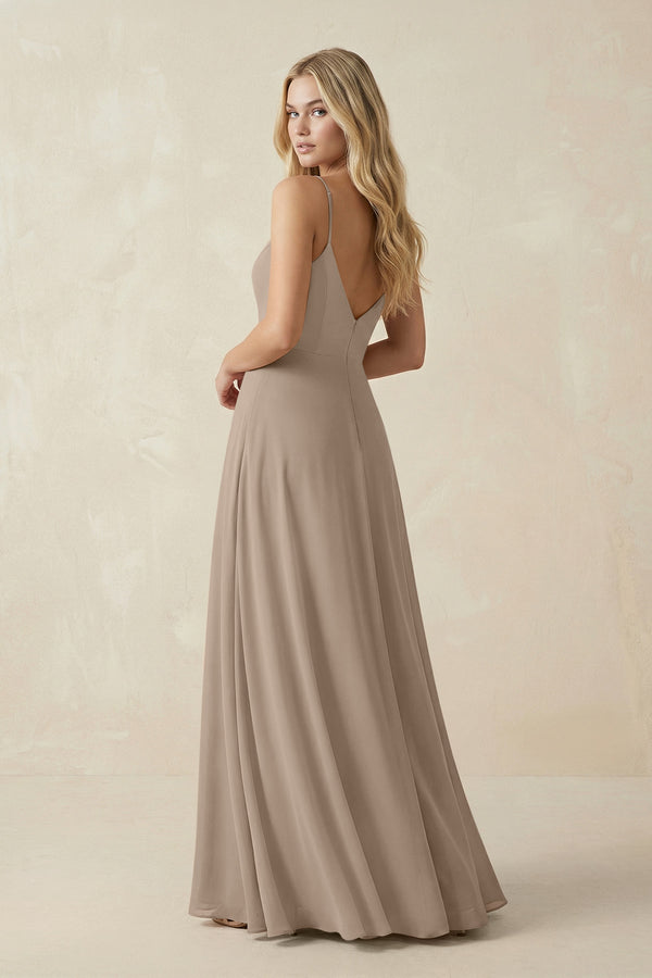 Almond Cami Strap A-Line Chiffon Bridesmaid Dress with Slit (2) | KISSBRIDAL