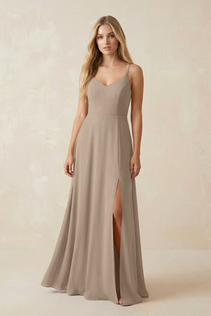 Almond Cami Strap A-Line Chiffon Bridesmaid Dress with Slit | KISSBRIDAL