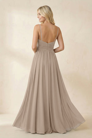 Almond Cami Strap Chiffon A-Line Bridesmaid Dress with Slit (2) | KISSBRIDAL