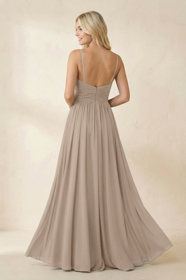 Almond Cami Strap Chiffon A-Line Bridesmaid Dress with Slit (2) | KISSBRIDAL